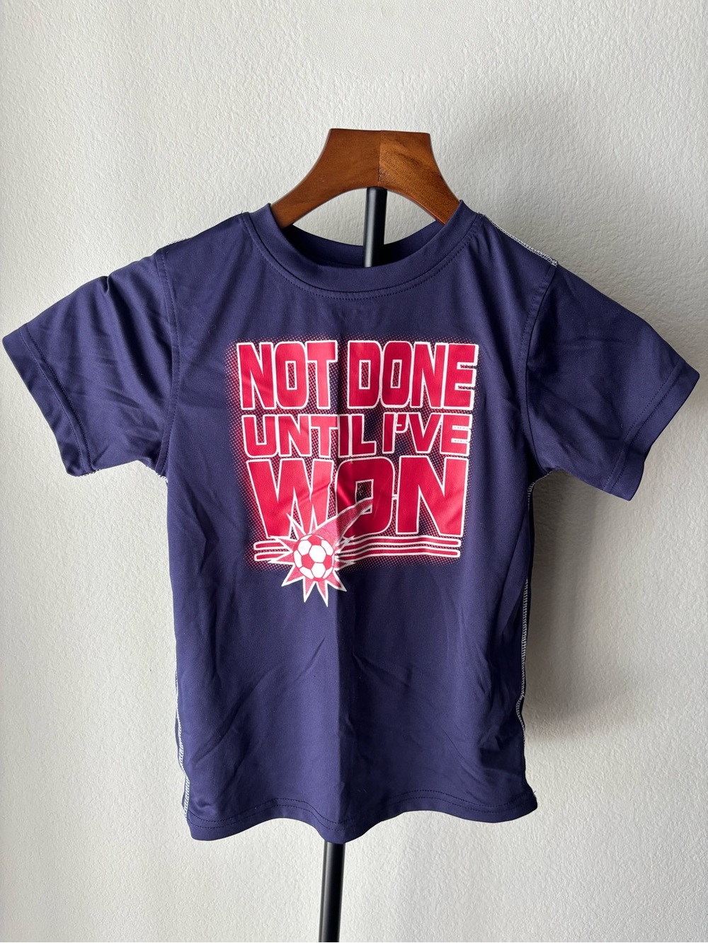 Kids Navy Blue Graphic Tee - "Not Done Until I've Won" Soccer